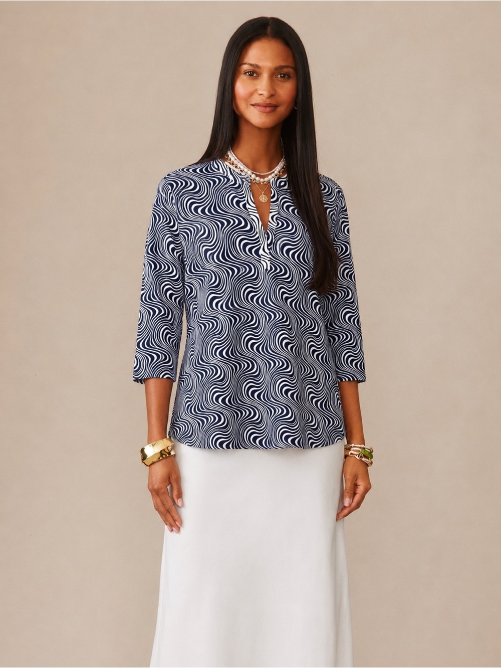 J. McLaughlin Catalina Cloth Tunic Blue White Pattern Shirt Size Medium *83